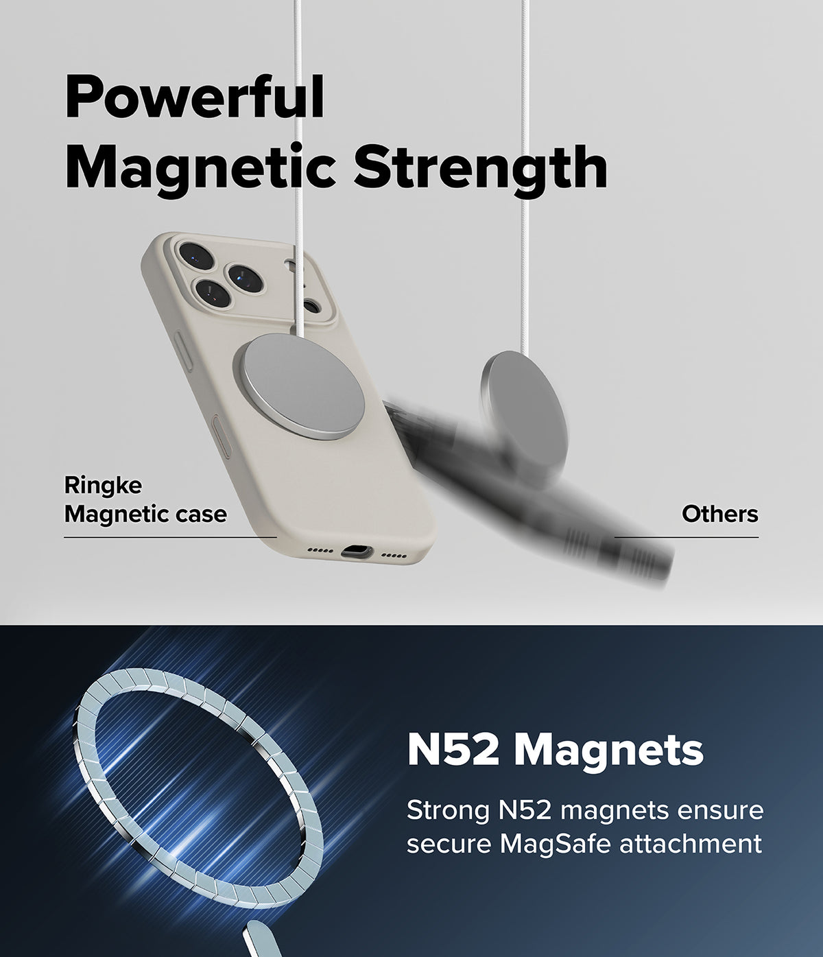 iPhone 18 Pro / Pro Max Case | Silicone Magnetic - A promotional graphic for a Ringke magnetic phone case. The top half shows a light beige phone case with a large circular magnetic ring, labeled 'Ringke Magnetic case,' floating against a light gray background with the text 'Powerful Magnetic Strength' and a blurred 'Others' case beside it.