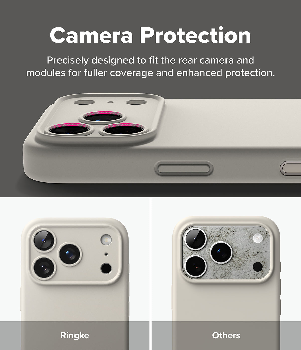 iPhone 18 Pro / Pro Max Case | Silicone Magnetic - A promotional graphic for a phone camera protection case. The top section shows a close-up of a beige phone case with a raised camera bumper and text reading 'Camera Protection.