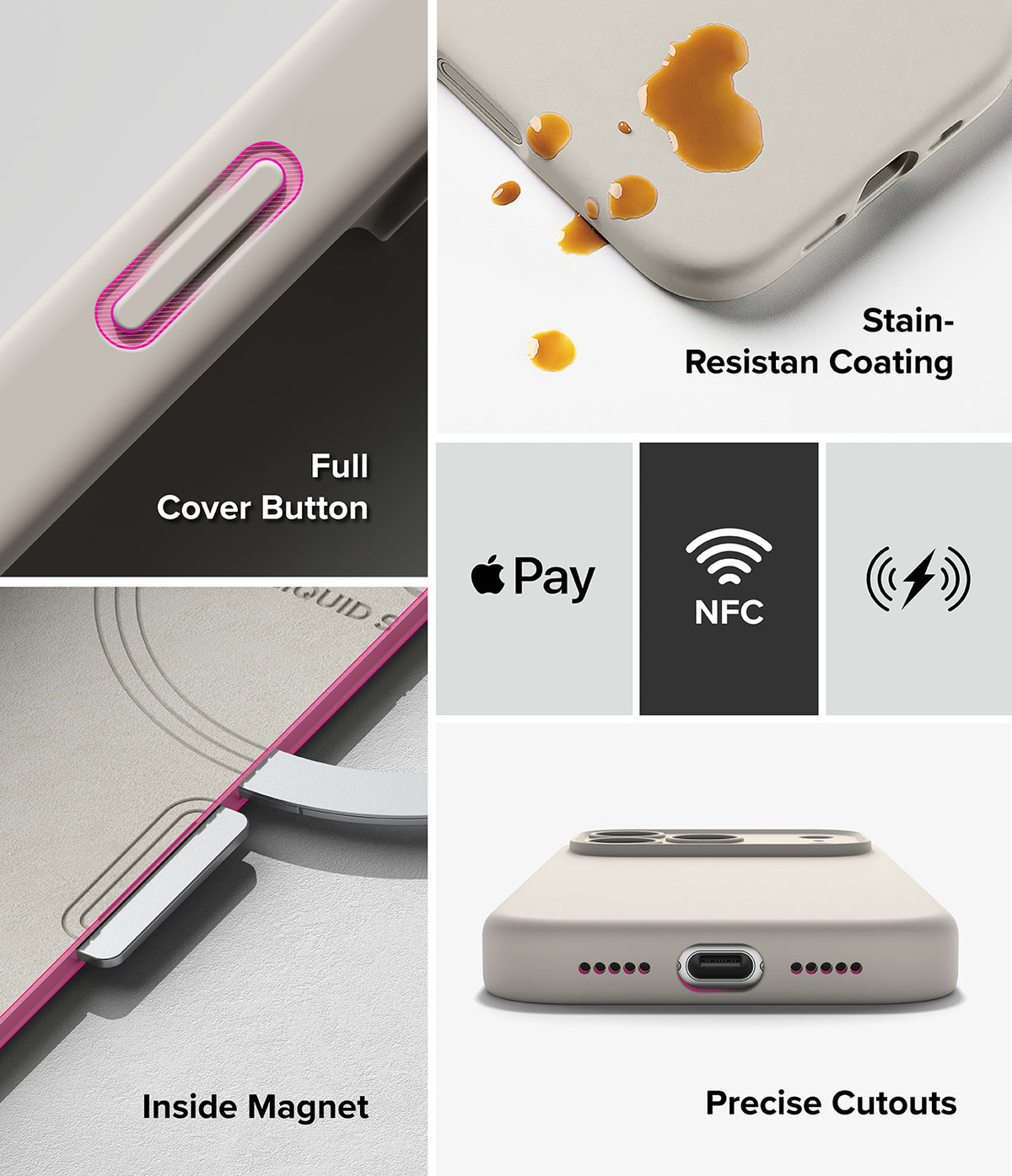 iPhone 18 Pro / Pro Max Case | Silicone Magnetic - A multi-panel product feature graphic for a phone case. The left column shows close-ups of the case: a full cover button with a pink accent, an inside magnet feature, and a back view with a metallic ring.