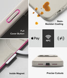 iPhone 18 Pro / Pro Max Case | Silicone Magnetic - A multi-panel product feature graphic for a phone case. The left column shows close-ups of the case: a full cover button with a pink accent, an inside magnet feature, and a back view with a metallic ring.