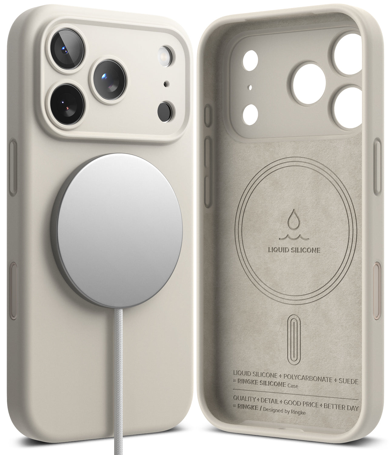iPhone 18 Pro Case | Silicone Magnetic - A light beige protective phone case shown from both the back and the inside. The back features a large silver MagSafe-compatible magnetic ring, and the inside is lined with a textured liquid silicone material with printed text and branding.
