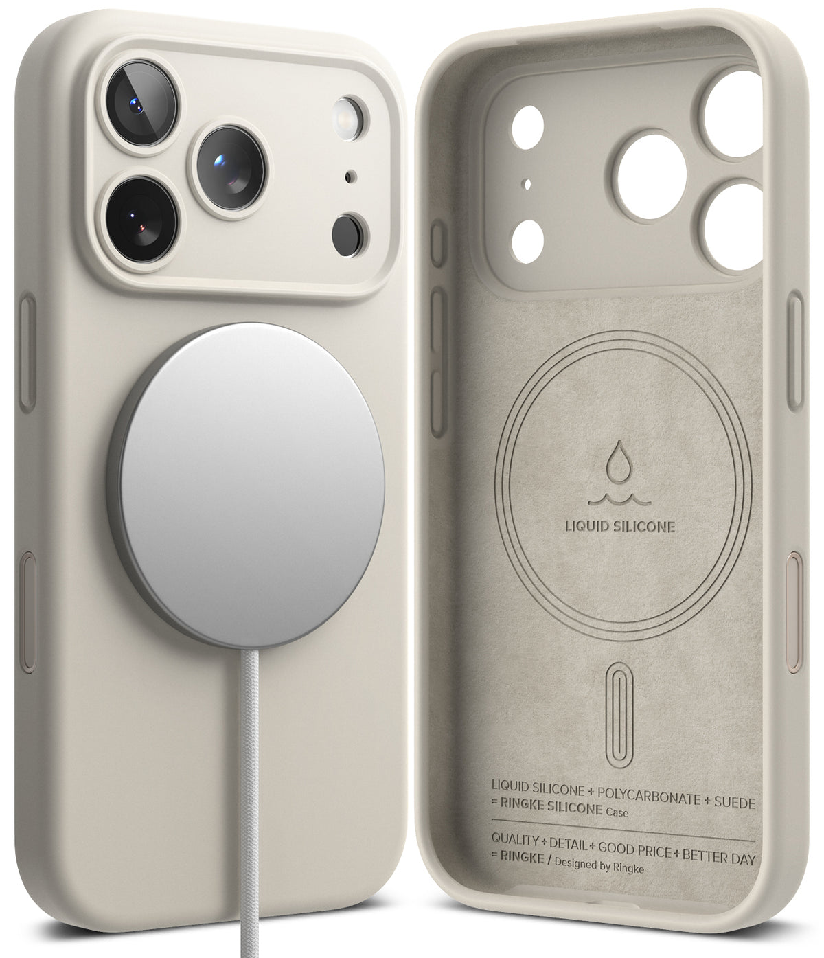 iPhone 18 Pro Case | Silicone Magnetic - A light beige protective phone case shown from both the back and the inside. The back features a large silver MagSafe-compatible magnetic ring, and the inside is lined with a textured liquid silicone material with printed text and branding.