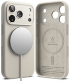 iPhone 18 Pro Case | Silicone Magnetic - A light beige protective phone case shown from both the back and the inside. The back features a large silver MagSafe-compatible magnetic ring, and the inside is lined with a textured liquid silicone material with printed text and branding.