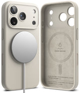 iPhone 18 Pro Case | Silicone Magnetic - A light beige protective phone case shown from both the back and the inside. The back features a large silver MagSafe-compatible magnetic ring, and the inside is lined with a textured liquid silicone material with printed text and branding.