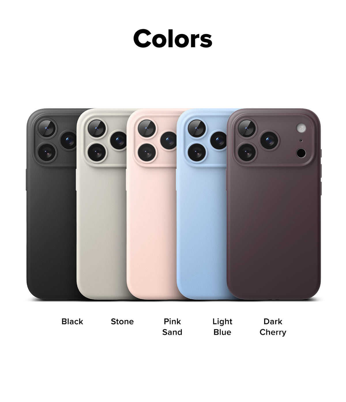 iPhone 18 Pro Case | Silicone Magnetic - A color options graphic showing five smartphone cases on a white background under the heading 'Colors.' The cases are labeled Black, Stone, Pink Sand, Light Blue, and Dark Cherry, with the phone camera cutouts visible on each case.