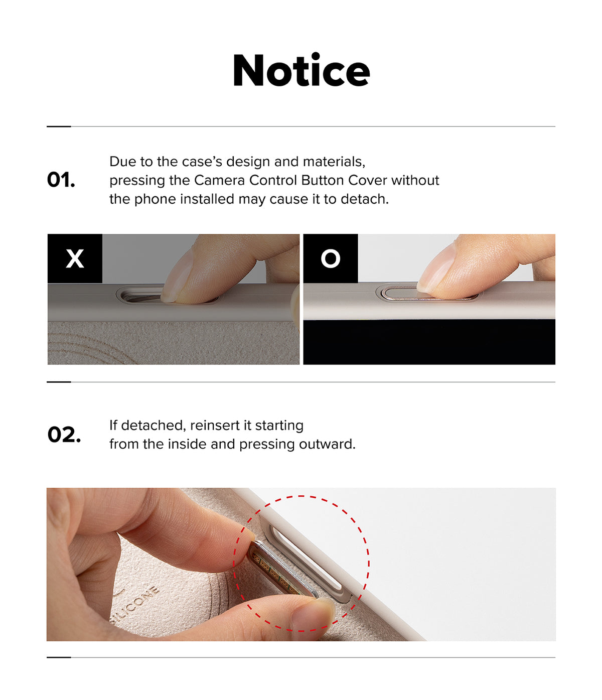 iPhone 18 Pro Case | Silicone Magnetic - Instruction notice sheet showing two panels with close-up photos of a camera control button cover being pressed and reinserted, with text explaining that the button may detach if pressed without the phone installed.