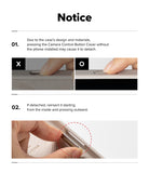 iPhone 18 Pro Case | Silicone Magnetic - Instruction notice sheet showing two panels with close-up photos of a camera control button cover being pressed and reinserted, with text explaining that the button may detach if pressed without the phone installed.