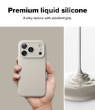 iPhone 18 Pro Case | Silicone Magnetic - A hand holds a light beige phone case against a neutral background, with text reading 'Premium liquid silicone' and a side panel showing a glossy silicone liquid being poured and swirled.