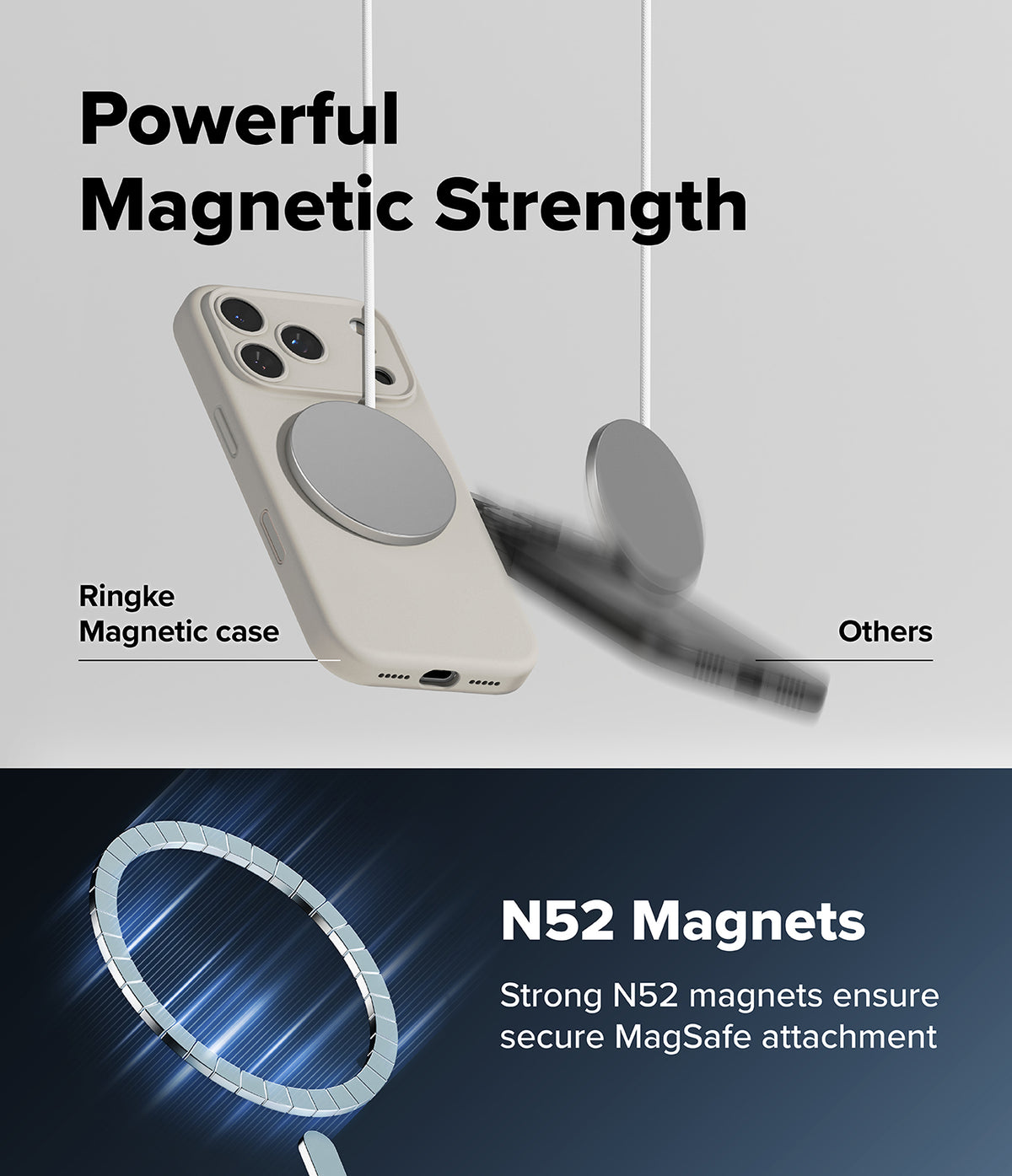 iPhone 18 Pro Case | Silicone Magnetic - A promotional graphic for a Ringke magnetic phone case. The top half shows a light beige phone case with a large circular magnetic ring, labeled 'Ringke Magnetic case,' floating against a light gray background with the text 'Powerful Magnetic Strength' and a blurred 'Others' magnetic accessory.