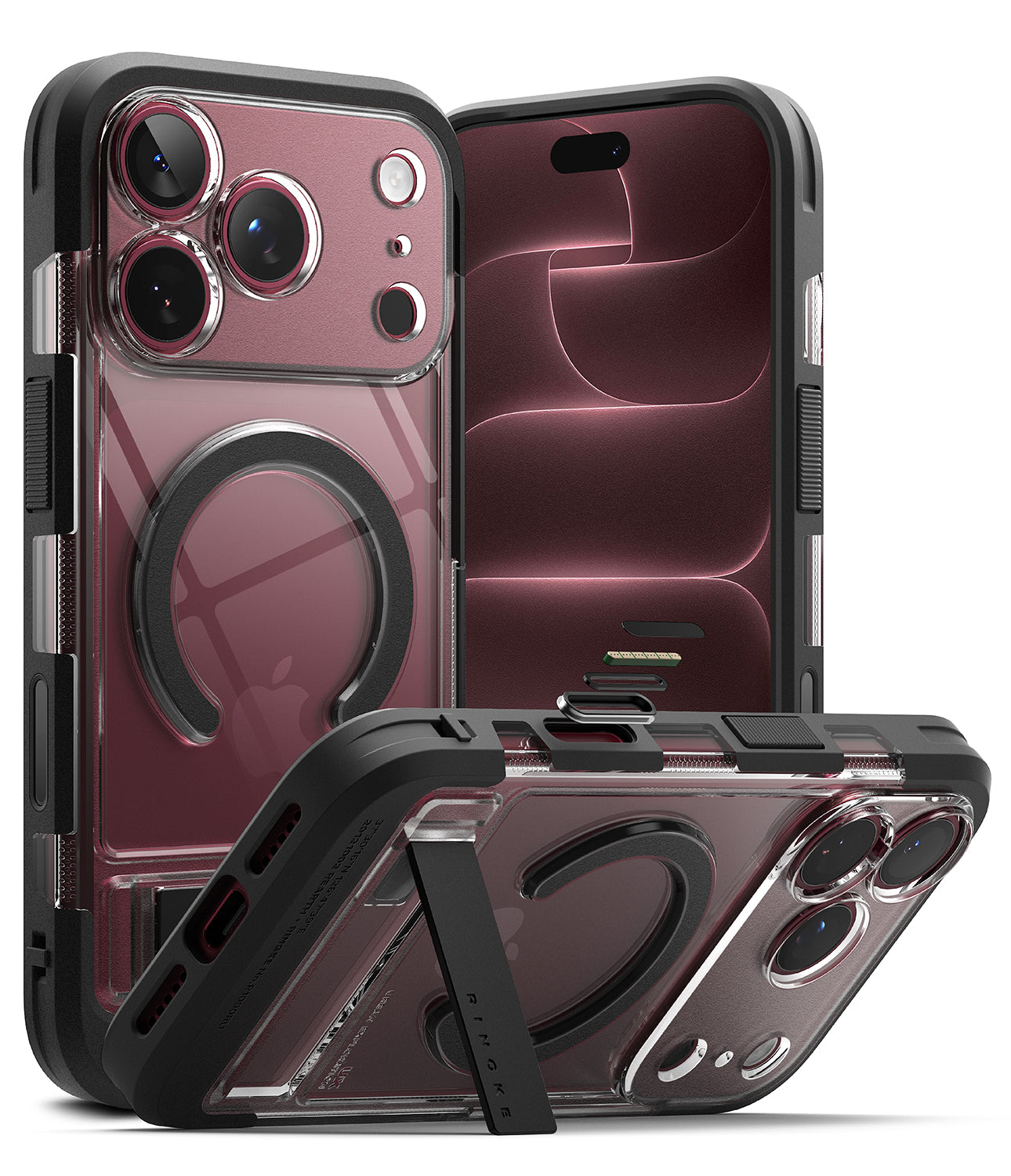 iPhone 18 Pro Case | UX Magnetic - Clear and black protective phone case with MagSafe ring, shown from multiple angles on a white background.