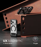 iPhone 18 Pro Case | UX Magnetic - Ringke UX Magnetic phone case for iPhone 18 Pro, shown in a dark metallic finish with a circular magnetic ring. The case is displayed in two angles (front view and side view with a kickstand) against a dark background with rusty steel beams.