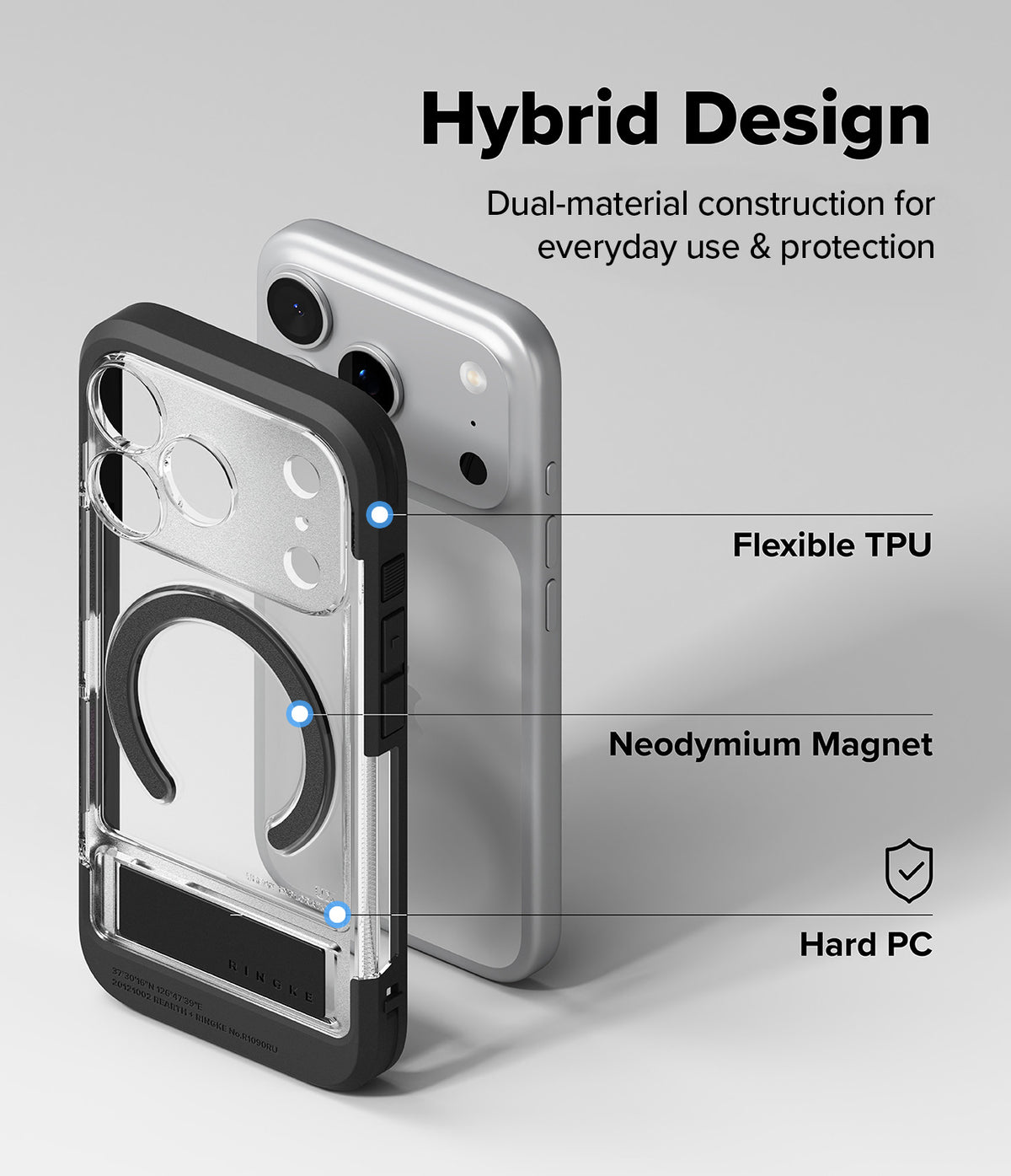 iPhone 18 Pro Case | UX Magnetic - A clear and black hybrid phone case with a built-in magnetic ring, shown from the back alongside a silver phone. The image includes text callouts identifying the features: 'Flexible TPU', 'Neodymium Magnet', and 'Hard PC' under the heading 'Hybrid Design'.