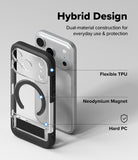iPhone 18 Pro Case | UX Magnetic - A clear and black hybrid phone case with a built-in magnetic ring, shown from the back alongside a silver phone. The image includes text callouts identifying the features: 'Flexible TPU', 'Neodymium Magnet', and 'Hard PC' under the heading 'Hybrid Design'.
