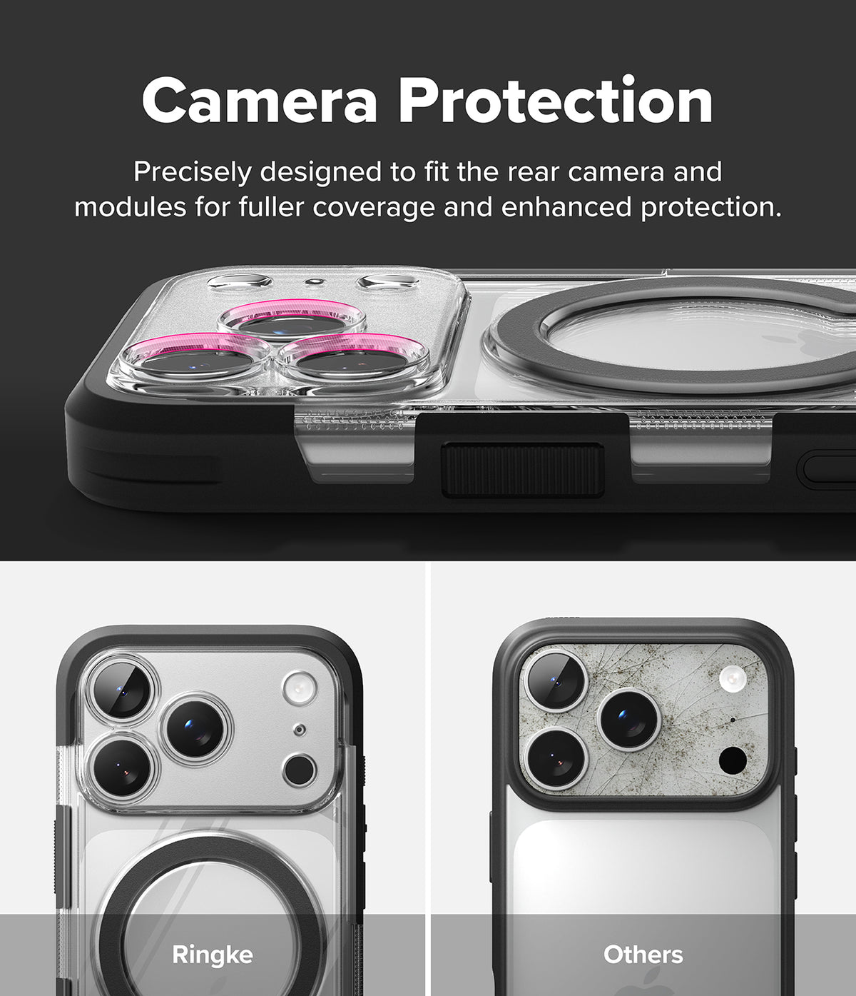 iPhone 18 Pro Case | UX Magnetic - A promotional graphic for a clear camera protection case with a black ring-style magnetic ring. The top section shows the case installed on a phone against a dark background with the text 'Camera Protection.
