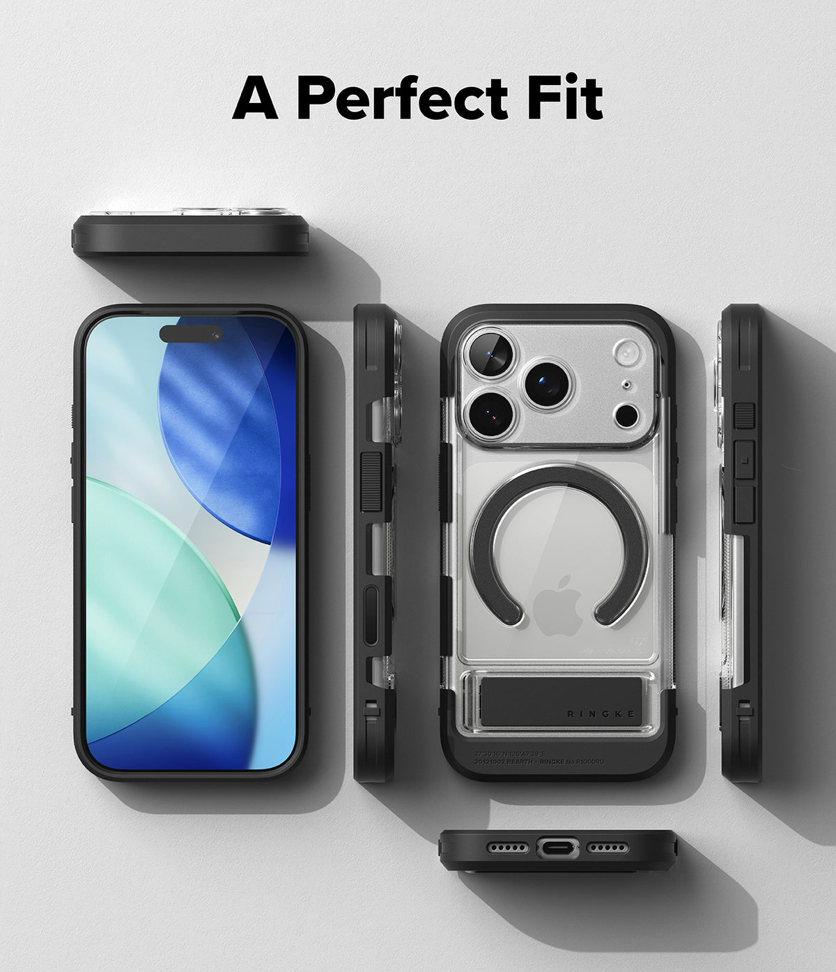 iPhone 18 Pro Case | UX Magnetic - A clear phone case with a black bumper and MagSafe ring, shown in multiple angles with a smartphone on a light gray background under the text 'A Perfect Fit'.