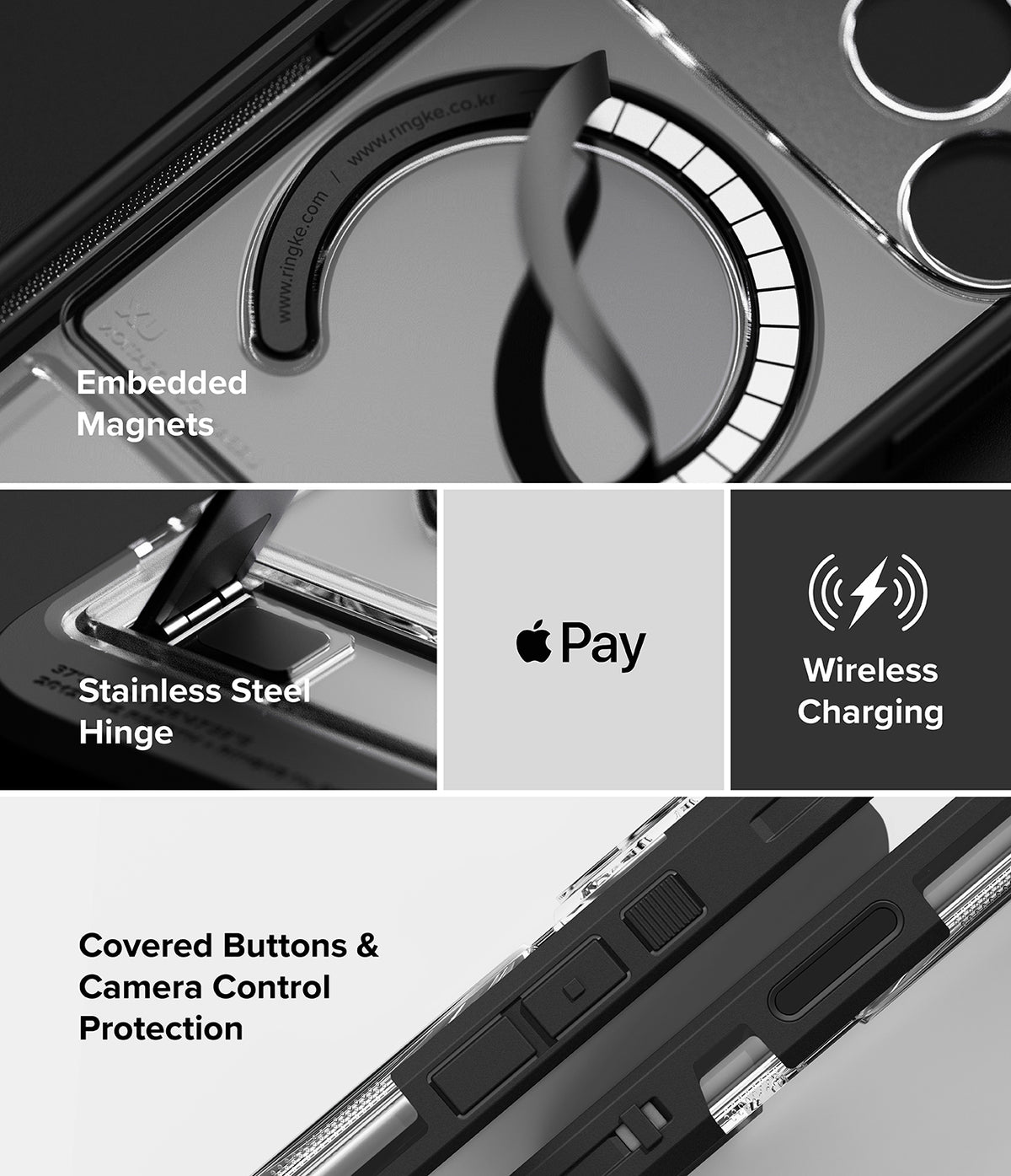 iPhone 18 Pro Case | UX Magnetic - A black protective phone case shown in a multi-panel feature graphic. The panels highlight an embedded magnetic ring for wireless charging, a stainless steel hinge, covered buttons, camera control protection, and compatibility with Apple Pay.