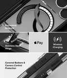 iPhone 18 Pro Case | UX Magnetic - A black protective phone case shown in a multi-panel feature graphic. The panels highlight an embedded magnetic ring for wireless charging, a stainless steel hinge, covered buttons, camera control protection, and compatibility with Apple Pay.