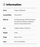 iPhone 18 Pro Case | UX Magnetic - A product information card with a light gray background and black text listing details for a Ringke UX Magnetic compatible with iPhone 18 Pro, including material, size, weight, and origin.
