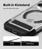 iPhone 18 Pro Case | UX Magnetic - Transparent and black phone case with a built-in kickstand, shown on a light gray background with text explaining its function and two small inset images demonstrating use and storage.