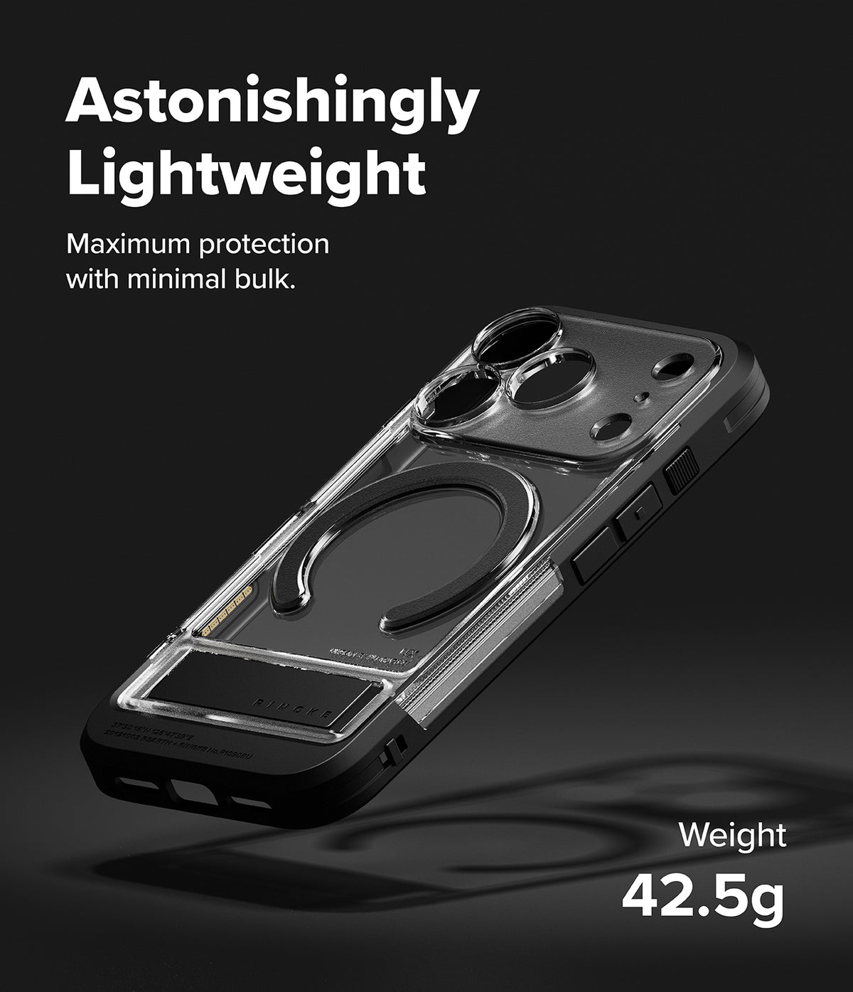 iPhone 18 Pro Case | UX Magnetic - A clear and black protective phone case with a circular MagSafe ring, shown floating at an angle on a dark background with promotional text reading 'Astonishingly Lightweight' and 'Weight 47.8g'.