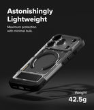 iPhone 18 Pro Case | UX Magnetic - A clear and black protective phone case with a circular MagSafe ring, shown floating at an angle on a dark background with promotional text reading 'Astonishingly Lightweight' and 'Weight 47.8g'.
