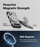 iPhone 18 Pro Case | UX Magnetic - Promotional graphic for a transparent magnetic phone case with a circular MagSafe ring. The top half shows the case on a phone with text reading 'Powerful Magnetic Strength' and labels for 'Ringke Magnetic case' and 'Others'.