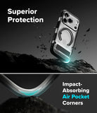 iPhone 18 Pro Case | UX Magnetic - A transparent protective phone case with a circular magnetic ring is shown floating above dark rocky terrain, with marketing text reading 'Superior Protection' and 'Impact-Absorbing Air Pocket Corners.' The image is a promotional composite rather than a plain studio product shot, but it still primarily shows the product itself rather than instructions or a chart.