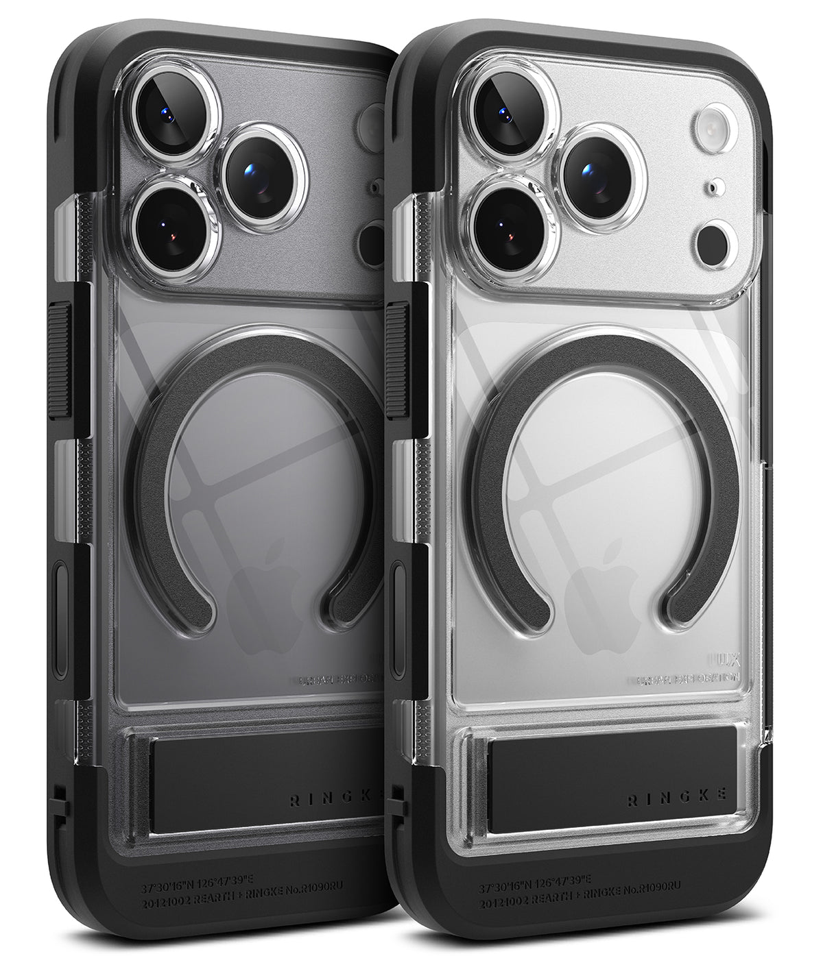 iPhone 18 Pro Case | UX Magnetic - Two views of a clear protective phone case with a black bumper and a circular MagSafe ring, shown on a white background.