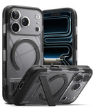 iPhone 18 Pro Case | UX Magnetic - Clear Black and black protective phone case with MagSafe ring, shown from multiple angles on a white background.