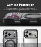 iPhone 18 Pro Case | UX Magnetic - Promotional graphic for a phone camera protection case. The top section shows a clear case fitted over a phone camera area with pink ring light rings visible, under the heading 'Camera Protection.