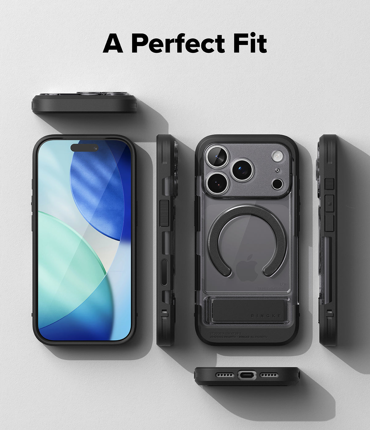 iPhone 18 Pro Case | UX Magnetic - A dark gray MagSafe-compatible phone case shown in multiple angles on a light gray background, with the text 'A Perfect Fit' at the top. The views include the front of a smartphone, the back of the phone in the case with the MagSafe ring, side profiles, and a bottom view showing the charging port.