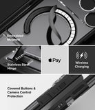 iPhone 18 Pro Case | UX Magnetic - A close-up promotional collage of a black smartphone case with feature callouts: embedded magnets, stainless steel hinge, wireless charging, and covered buttons and camera control protection. The Apple Pay logo is visible, but this appears to indicate compatibility rather than the product brand itself.
