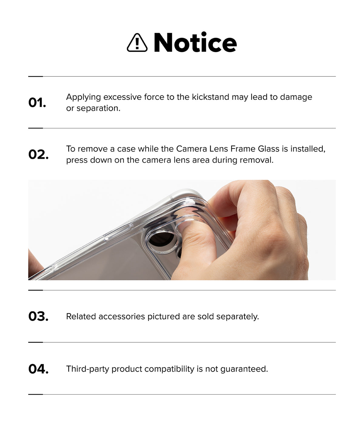 iPhone 18 Pro Case | UX Magnetic - A white informational notice sheet with black text and a small photo showing a hand peeling a clear protective camera lens frame glass from a phone case.