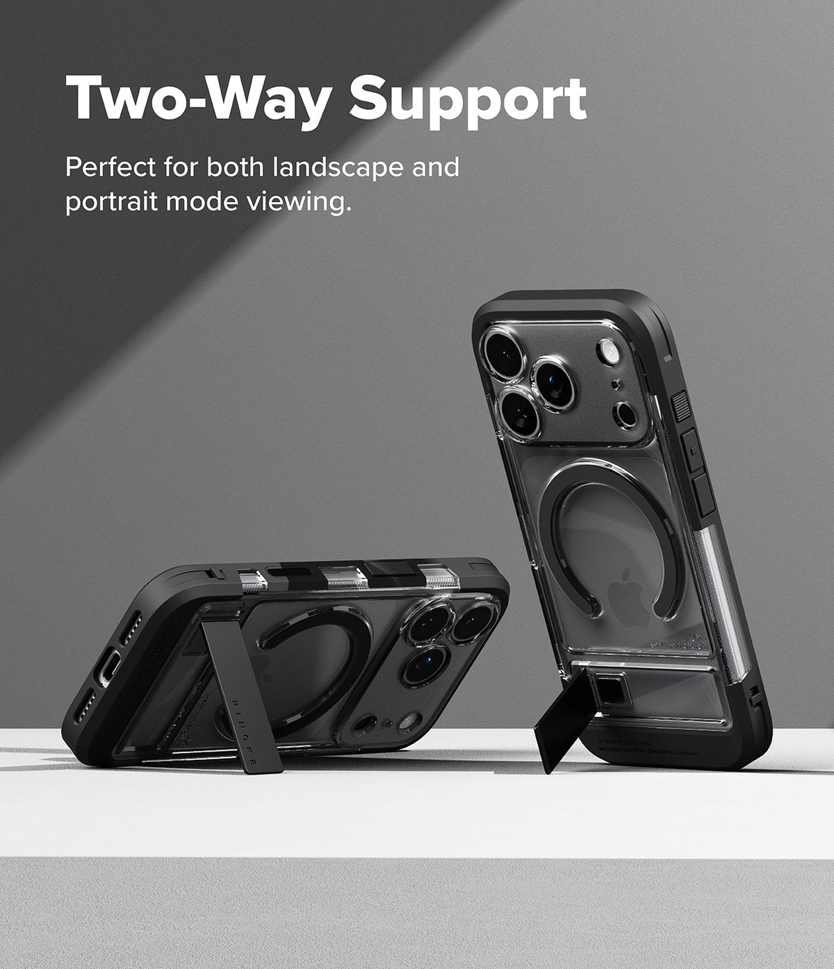 iPhone 18 Pro Case | UX Magnetic - Transparent black phone case with built-in kickstand, shown in two orientations on a gray background with text reading 'Two-Way Support'.