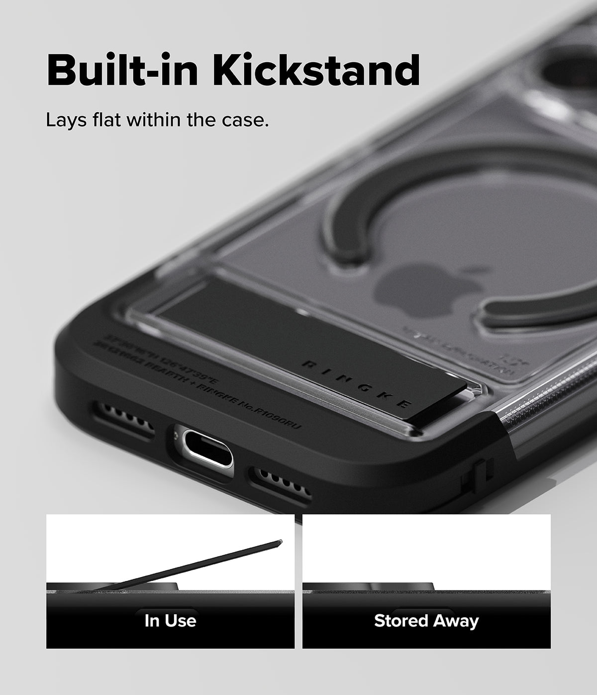 iPhone 18 Pro Case | UX Magnetic - Black protective phone case with a built-in kickstand, shown on a light gray background. The top text reads 'Built-in Kickstand' and 'Lays flat within the case.
