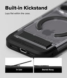 iPhone 18 Pro Case | UX Magnetic - Black protective phone case with a built-in kickstand, shown on a light gray background. The top text reads 'Built-in Kickstand' and 'Lays flat within the case.