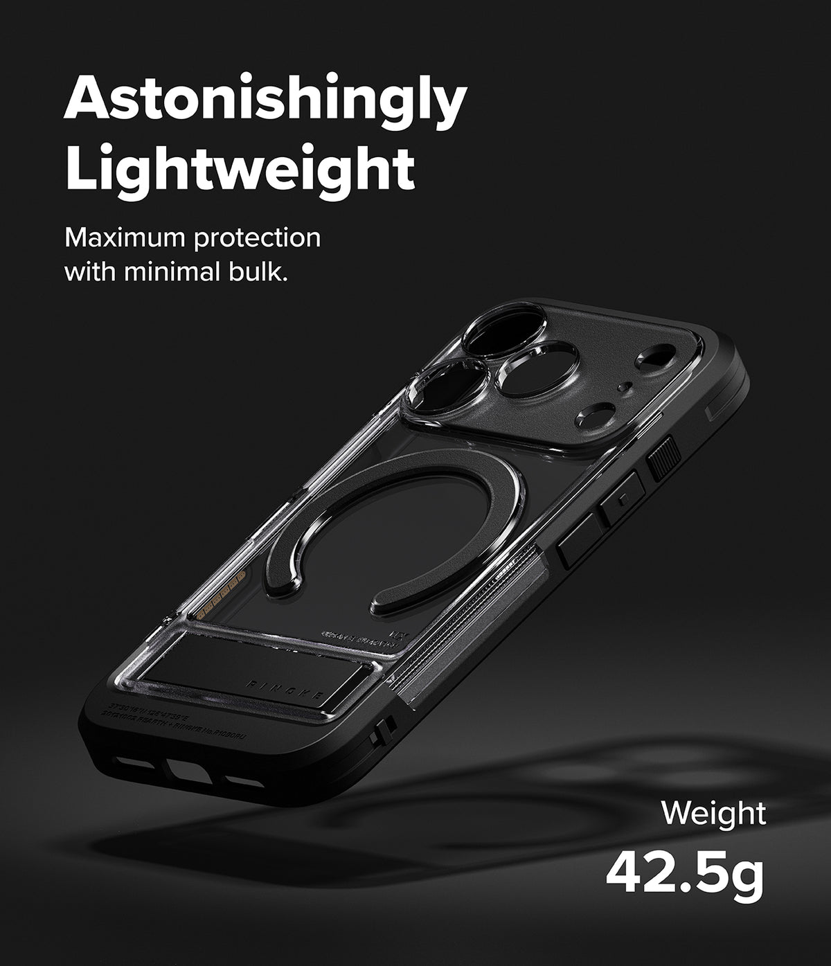 iPhone 18 Pro Case | UX Magnetic - A clear and black protective phone case with a circular MagSafe ring, shown floating at an angle on a dark background with promotional text reading 'Astonishingly Lightweight' and 'Weight 42.5g'.