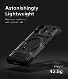 iPhone 18 Pro Case | UX Magnetic - A clear and black protective phone case with a circular MagSafe ring, shown floating at an angle on a dark background with promotional text reading 'Astonishingly Lightweight' and 'Weight 42.5g'.