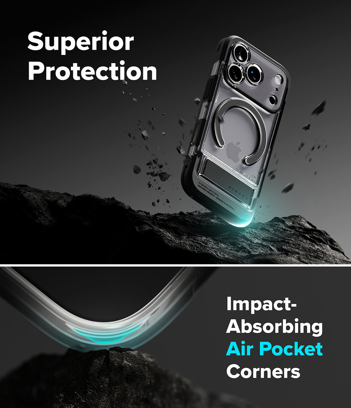 iPhone 18 Pro Case | UX Magnetic - A dark gray and black protective phone case with a built-in magnetic ring, shown floating above a dark rocky surface. The image features marketing text overlays reading 'Superior Protection' and 'Impact-Absorbing Air Pocket Corners' with a close-up of the curved corner design showing a glowing teal accent.