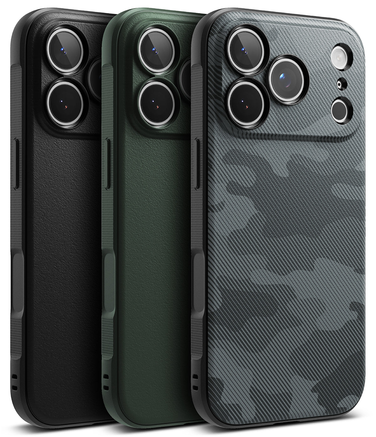 iPhone 18 Pro Max Case | Onyx - Three smartphone cases shown from the back in a studio render: a matte black case, a dark green case, and a dark gray carbon-fiber-style camouflage case. The cases are arranged overlapping on a plain white background.