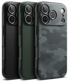 iPhone 18 Pro Max Case | Onyx - Three smartphone cases shown from the back in a studio render: a matte black case, a dark green case, and a dark gray carbon-fiber-style camouflage case. The cases are arranged overlapping on a plain white background.