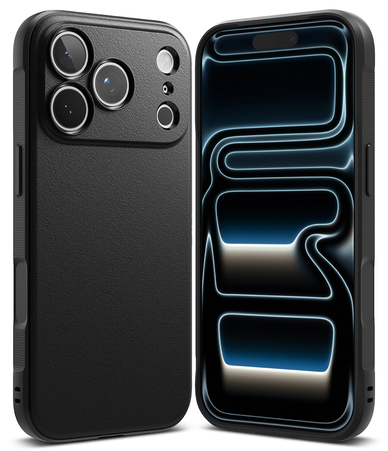 iPhone 18 Pro Max Case | Onyx - Two views of a black textured phone case on a white background, showing the back with a triple-camera cutout and the front with a black-and-blue display.