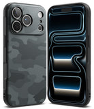 iPhone 18 Pro Max Case | Onyx - Two views of a black phone case with a dark gray carbon-fiber-style pattern on the back, shown on a white background. The left view shows the case installed on a phone with a triple-camera cutout, and the right view shows the back of the case with a glossy black finish and a blue-and-white abstract graphic overlay.