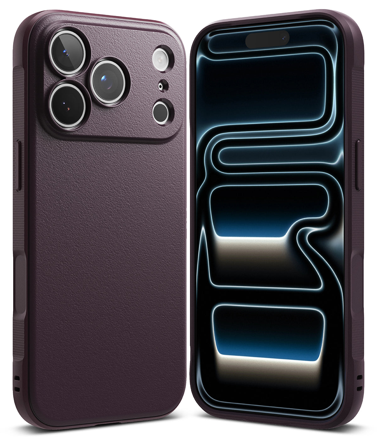 iPhone 18 Pro Max | Onyx - Two views of a dark plum purple phone case on a white background, showing the textured back cover and the front bumper with a digital display.
