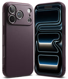 iPhone 18 Pro Max | Onyx - Two views of a dark plum purple phone case on a white background, showing the textured back cover and the front bumper with a digital display.