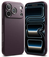 iPhone 18 Pro Max | Onyx - Two views of a dark plum purple phone case on a white background, showing the textured back cover and the front bumper with a digital display.
