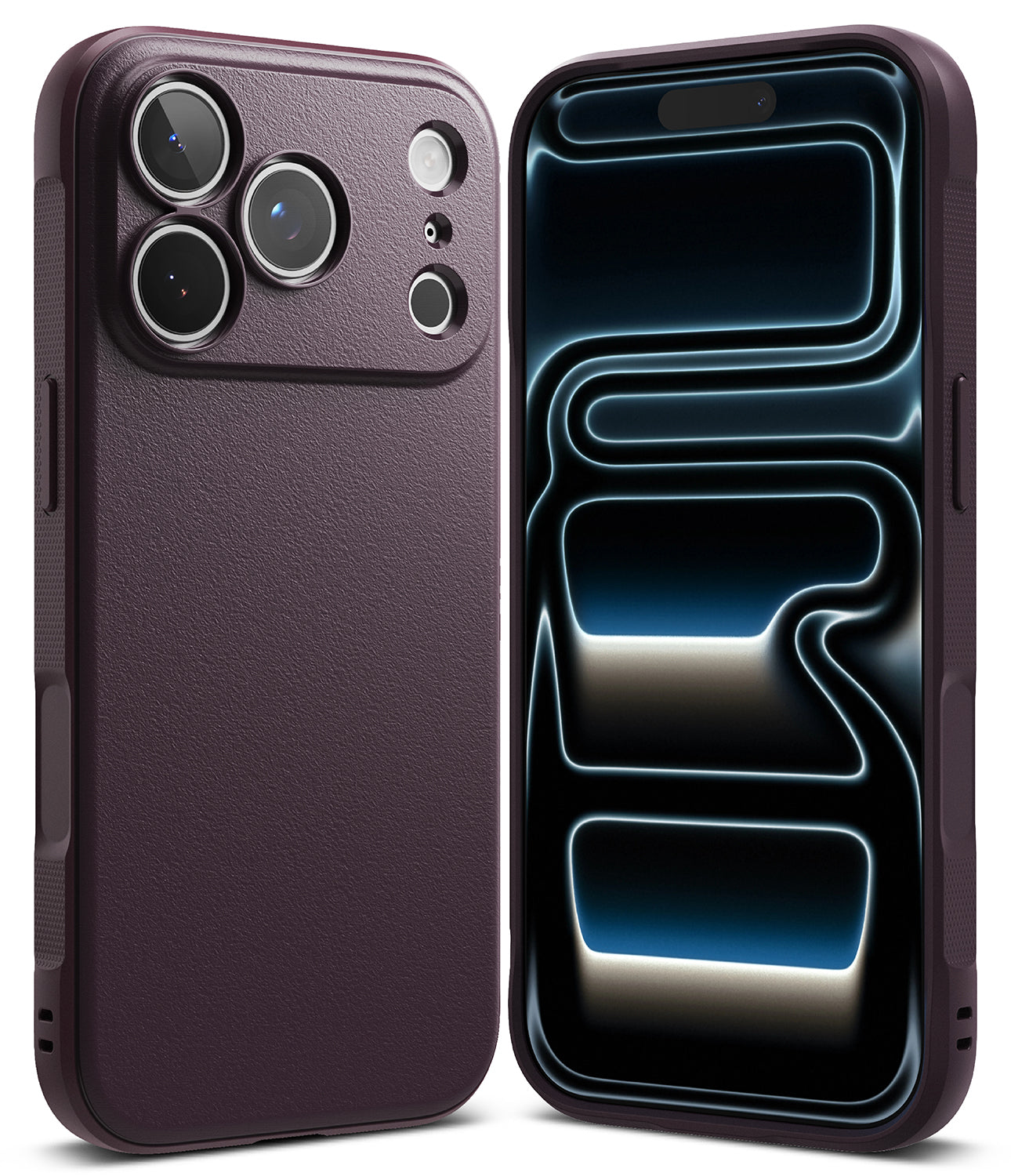 iPhone 18 Pro | Onyx - Two views of a dark plum purple phone case on a white background, showing the textured back cover and the front bumper with a digital display.