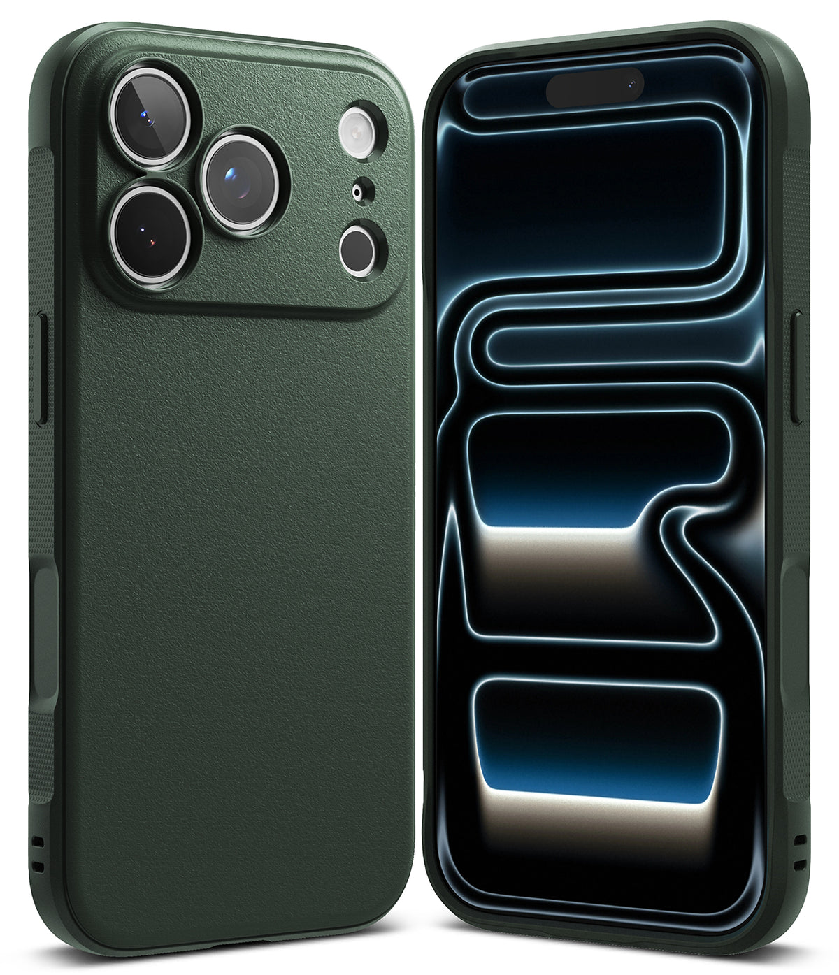 iPhone 18 Pro Max Case | Onyx - A dark forest green protective phone case shown from both the back and front angles against a clean white background.