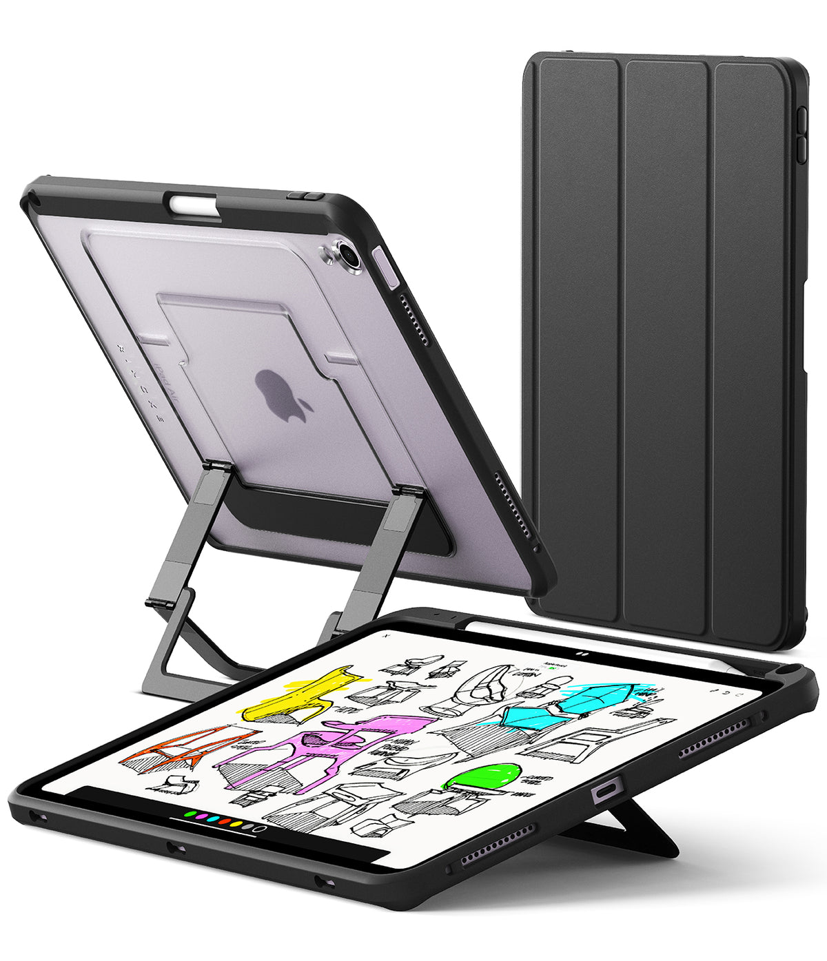 Ringke Apple iPad Pro (11") / Air (11", 10.9") Case [Multiverse Case] - A black protective tablet case shown in three views: one standing open as a kickstand with a tablet inside, one closed showing the folio cover design, and one angled view showing the back with a magnetic card slot. The tablet screen displays colorful sketch drawings.
