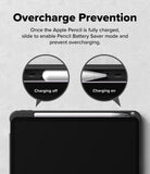 Ringke Apple iPad Pro (11") / Air (11", 10.9") Case [Multiverse Case] - Promotional graphic for an Apple Pencil battery saver feature, titled 'Overcharge Prevention,' showing a tablet with an Apple Pencil attached and two circular close-ups demonstrating the sliding mechanism to turn charging off when fully charged.